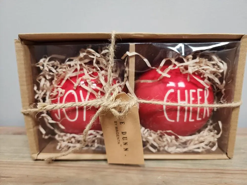 Rae Dunn By Magenta Ceramic Christmas Ornaments Set Of 2 Red Joy/Cheer New